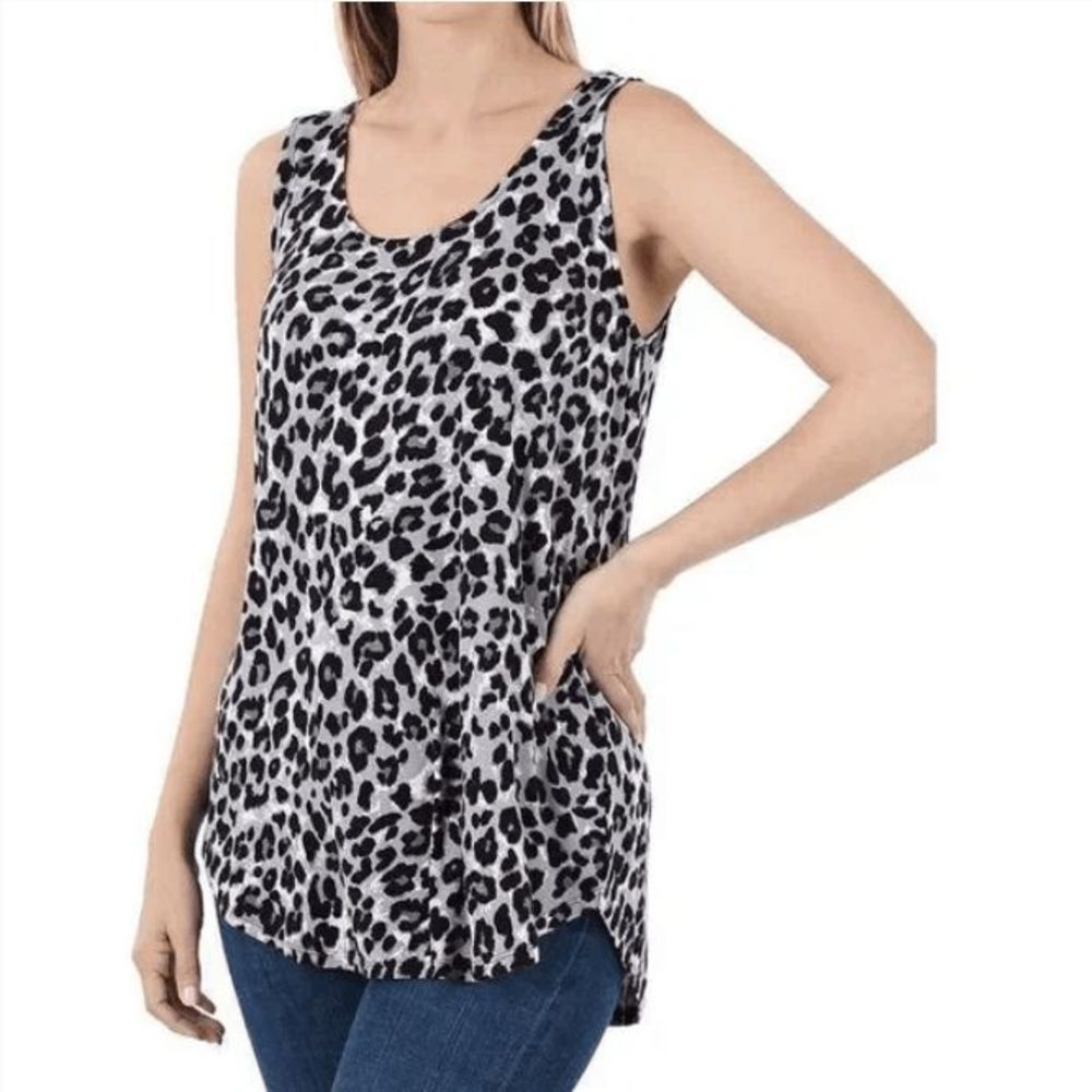 Zenana Grey Leopard Print Sleeveless Loose Fit Long Length Tank Women's Size XL